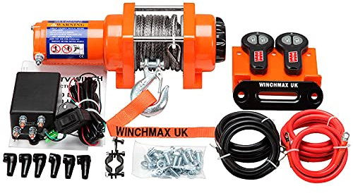 Winchmax 3000lb / 1361kg Original orange 12v elektrische Winde, 15,5m 5mm Dyneema SK75 Synthetikseil, 1/4 Zoll Gabelkopfhaken. Funkfernbedienungen mit Zwei Handsets