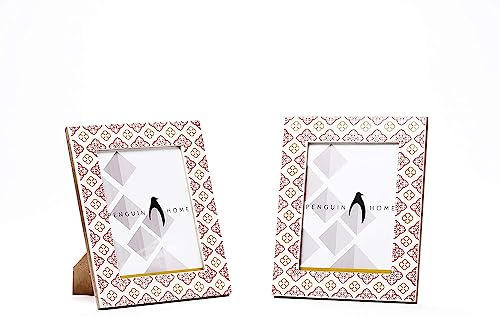 Penguin Home Set of 2 Photo Picture Frames-Wood-6 x 4-Handcrafted Design- Portrait and Landscape Orientation-Freestanding and Wall Mount Compatible, White & Pink, (15 X 10 cm)