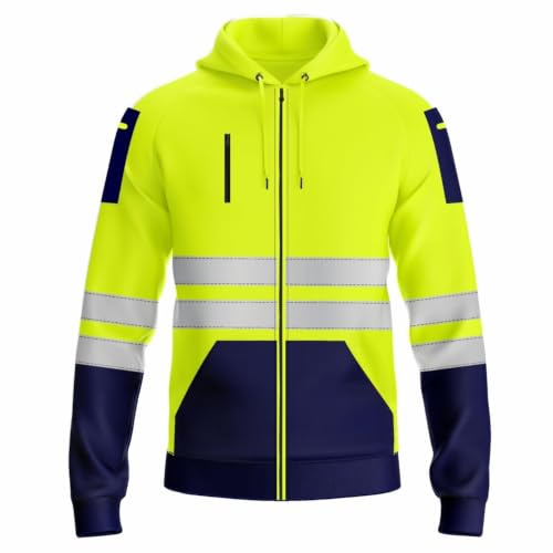 kraftd Mens Hi Vis Hoodie with Reflective Tape High Visibility Full Zip Hoodie for Safety Workwear Hooded Sweatshirt With Multi Pockets