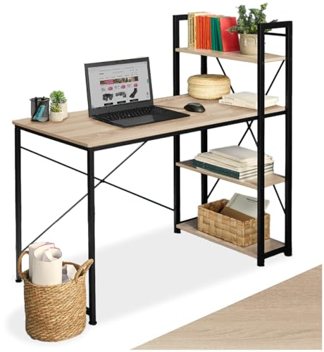 tectake® Industrial Schreibtisch, Tisch mit Stauraum, 122 x 61 x 120 cm, Computertisch mit 3 Ablagen, Bürotisch, Gaming Schreibtisch, Office Möbel, PC Tisch - Industrial Dunkelbraun