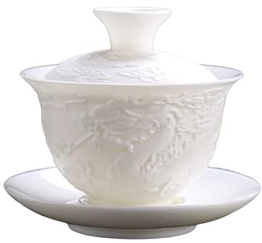 HonHeam Relief Dragon White Porcelain Gaiwan, Chinese Embossed Dragon Style White Ceamic Gaiwan, Kung Fu Tea Bowl Traditional Tureen Sancai Teacup (Dargon)