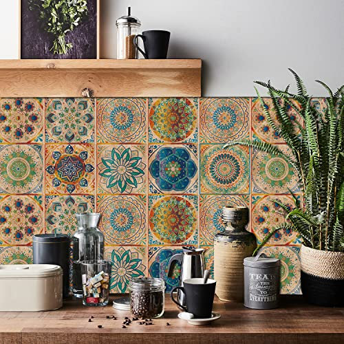 HORIWE Retro Tile Stickers Wall Decal Sticker Adhesive Tile Art DIY Kitchen Bathroom Backsplash Floor Home Decor PVC Waterproof Oil Proof New 6x6 Inches 24pc