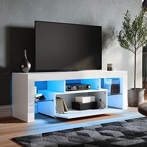 SONNI Mueble TV Blanco con Luz LED Ajustable de 12 Colores con Mando a Distancia, Mesa TV Sálon Madera con Estantes Cristal 130 CM
