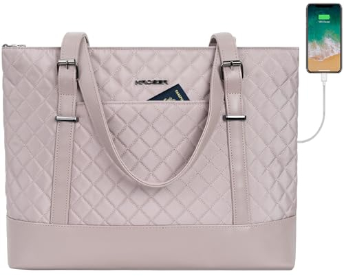 KROSER Laptop Damen Handtasche Elegant Laptop Tasche 15,6 Zoll Große Leichte Tote Bag für Business/Schule/Reisen, Grau-Rosa Gesteppt
