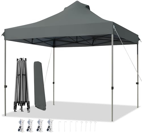 COSTWAY Tonnelle Pliable 3x3M, Tente de Jardin Imperméable Protection UV 50+, 3 Hauteurs 305/320/335 cm avec Sac de Rangement à roulettes, pour Fête Marché Patio (Gris)