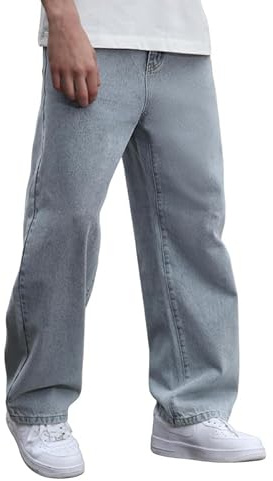 LOGEQI Mens Baggy Hip Hop Jeans Wide Leg Streetwear Jeans Loose Fit Y2K Skater Denim Pants Blue