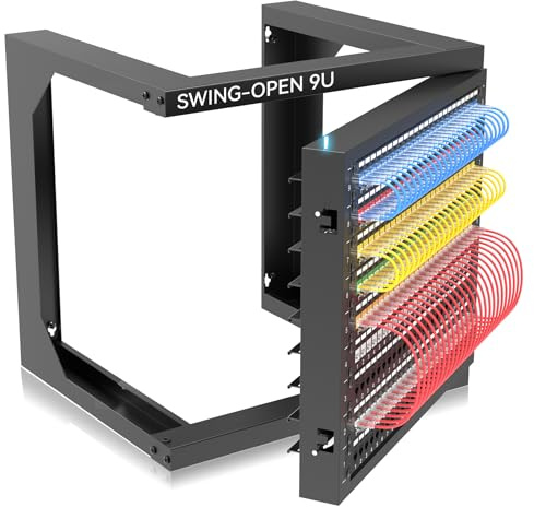 Rack de servidor de pared 9U con apertura oscilante, estante de red de montaje en pared para equipos de 19 pulgadas, estantes de computadora y armarios para un fácil acceso, estante de red doméstica