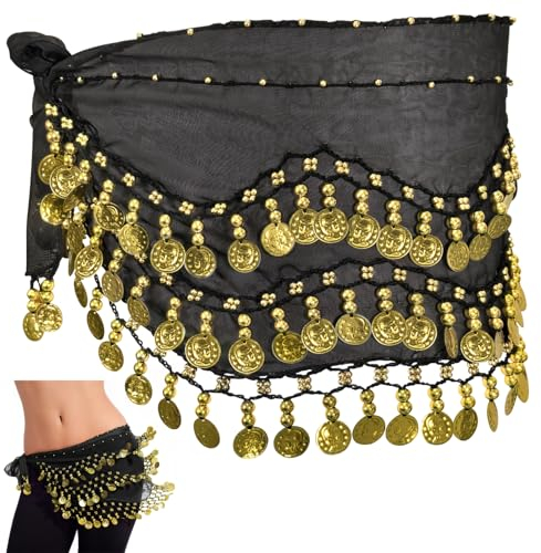 Taricor Bauchtanztuch mit 128 Münzen, Bauchtanz Hüfttuch Damen, Damen Bauchtanz Gürtel,Tanztuch Bauchtanz Chiffon Hüfttuch Schwarz für Performance Kostüm Bauchtanz Yoga Kurs