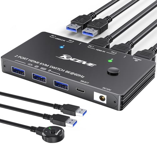 Conmutador KVM 8K@60Hz/4K@120Hz para 2 ordenadores que comparten 1 monitor y 3 dispositivos USB3.0, mando a distancia por cable y cable USB incluido