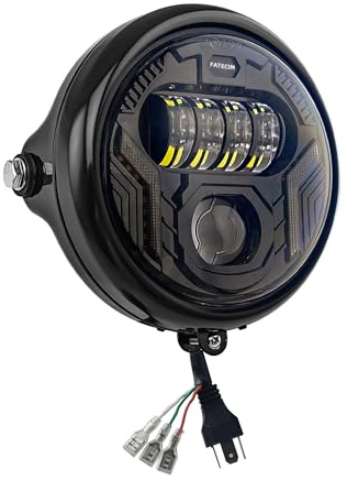 FATECIM 5.75” LED Motorcycle Headlight with Turn Signals DRL Hi/Low Beam Side Mount 5-3/4 Inch Round Motorbike Headlamp for Harley Kawasaki Honda Yamaha Suzuki Chopper Cafe Racer Bobber Gloss Black