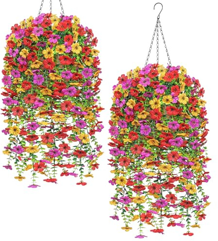 Dremisland 2 set konstgjorda hängande blommor med korg, konstgjorda hängväxter, UV-beständiga konstgjorda växter, gör-det-själv-kedja, hängande korg, konstgjorda blommor för utomhus, trädgård