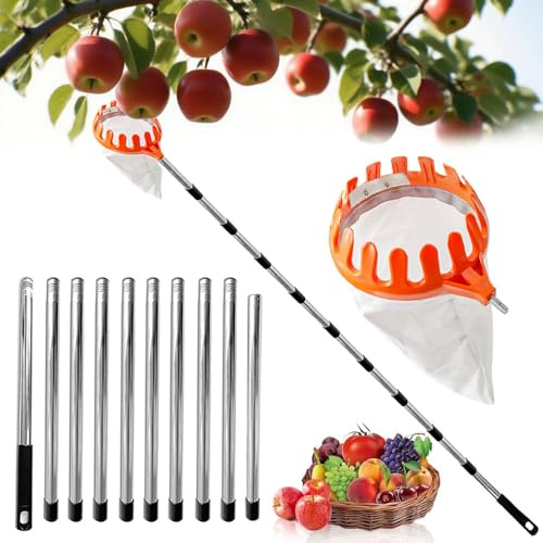 ADLUH Recogedor de frutas con mango telescópico de hasta 4,2 m, recogedor de cerezas con hoja de corte, recogedor de frutas, recogedor de ciruelas, recogedor de cerezas con bolsa de algodón