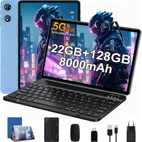 Tablet Android con Octa-Core 2.0GHz, 22GB RAM + 128GB ROM (TF 2TB), 8000mAh, 5G WiFi6 , Bluetooth 5.0, 1080 * 800 FHD IPS, GMS, Widevine L1, 5MP + 8MP, Tablet 10 Pulgadas con Teclado y Raton - Azul