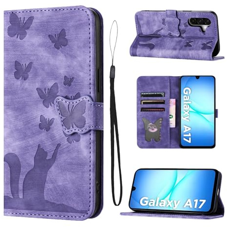 LSPCASA Fodral för Samsung Galaxy A17 Premium PU Läder Plånboksfodral Flip Case Med Kortplats och Ställfunktion Fjäril Kattfodral för Samsung Galaxy A17 Lila