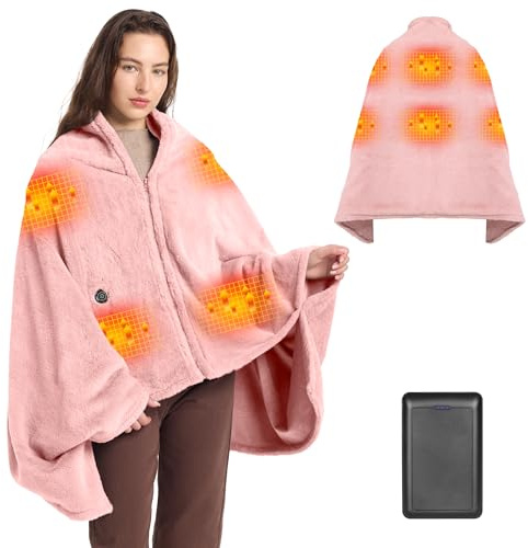 Moteoza Couverture Chauffante sans Fil 160x90cm - Plaid Électrique en Flanelle avec 16000mAh Batterie, 3 Niveaux de Chaleur, Chauffage Rapide Poncho pour Canapé, Bureau, Camping, Voiture(Rose)