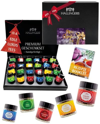 Hallingers Genuss Manufaktur Tee Weihnachts-Geschenk-Set - 24 Sorten premium loser Tee Probierset in edler Geschenkbox mit Rezept-Booklet Merry Christmas, Weihnachten für Frauen Männer