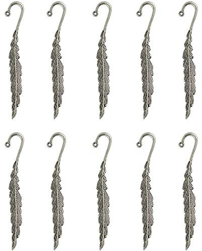 POFET Lot de 10 marque-pages vintage en argent tibétain avec perles et plumes, boucle pour la fabrication de bijoux à faire soi-même