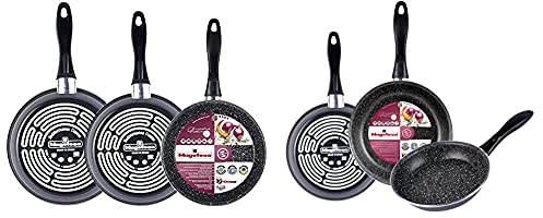 Magefesa K2 Gransasso set de 3 sartenes 20/26/28cm acero vitrificado exterior gris + K2 Gransasso Juego de 3 sartenes 18/20/24cm de acero vitrificado exterior gris moteado