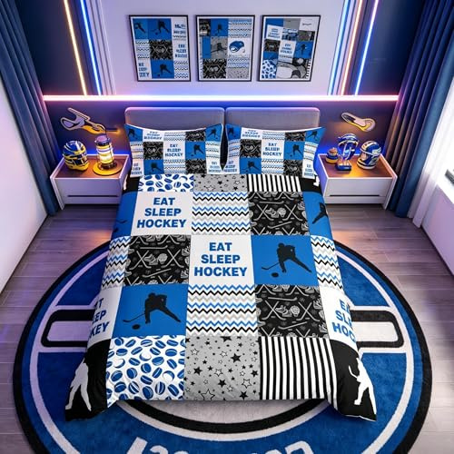 Loussiesd Ice Hockey Bedding Set Kids Hockey Player Hockey Punk Comforter Cover Set for Boys Girls Men Winter Sports Duvet Cover Breathable Blue Grid Geometric Bedspread Cover Super King
