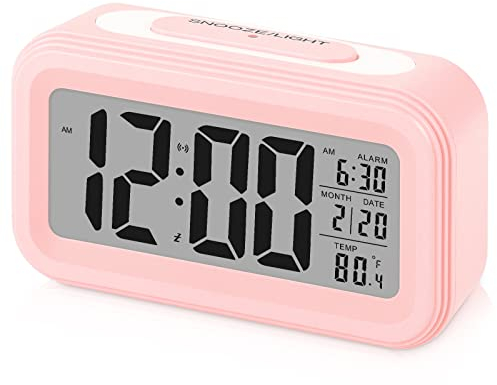 Sarsumir Sveglia Digitale, Sveglia da Comodino Silenziosa Smart a Batteria con Luce Notturna a LED Orologio Digitale con Funzione Snooze Data Temperatura per Bambini Ragazza Ragazzo Adulti, Rosa