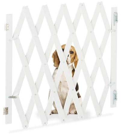 Relaxdays Barrera Seguridad Niños Bambú, Valla Escaleras Plegable hasta 126 cm, 70-82 cm Alto, Reja Mascotas, Blanco