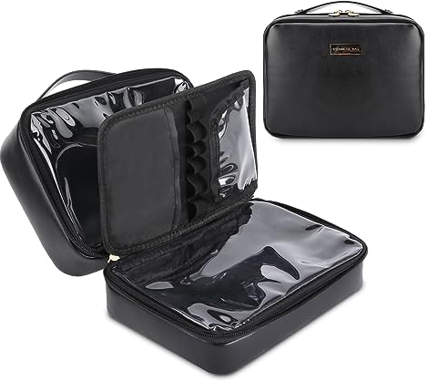 HERYEBING Kosmetiktasche Groß Reise Make up Tasche | Leder Wasserdicht Schminktasche mit Make-up Pinsel Fächern | Kulturtasche für Damen/Mädchen mit Griff | Kosmetikkoffer Travel Essentials (Schwarz)