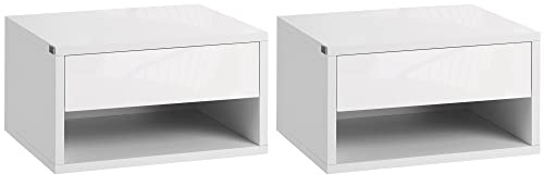 HOMCOM Set med 2 väggsängbord, hängande nattbord med skjutlåda, öppet fack, bricka, modern stil, 37 x 32 x 21 cm, vit