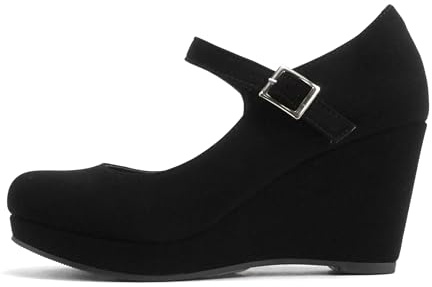 Soda Merry ~ Womens Mary Jane Strap Comfortable Platform Wedge Pump Heel Shoes (Black Nubuck, US Footwear Size System, Adult, Women, Numeric, Medium, 7.5)