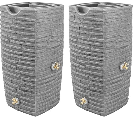 Good Ideas Impressions Riverwalk 50 Gallon Faux Slate Surface Dual Spigot Rain Barrel with 2 Brass Spigots and Screen, Dark Granite (2 Pack)