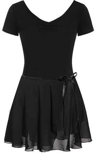 FONLAM Ballettkleid Ballettkleidung Turnanzug Mädchen Kurzarm Tanzkleid Balletttrikot Ballettrock Ballettanzug Kinder (6-7 Jahre, Schwarz)