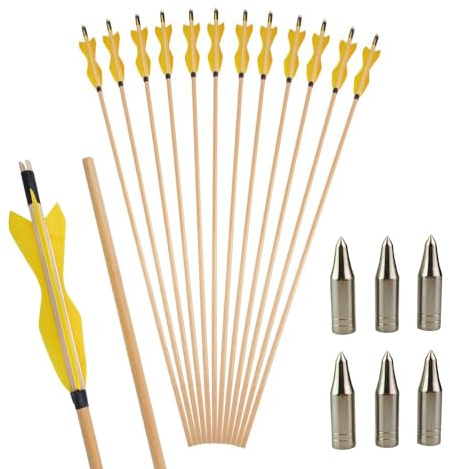 Flèches en Bois pour Le tir à l'arc Plumes de Dinde de 5 Pouces Flèche Cible pour la Chasse Traditionnelle pour Arc recurve Arc Long (12, Jaune, avec Pointe de flèche)