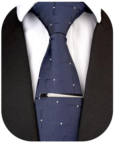 SIILLKEVIN Navy Blue Tie for Men and Tie Clip Set Formal Pattern Design