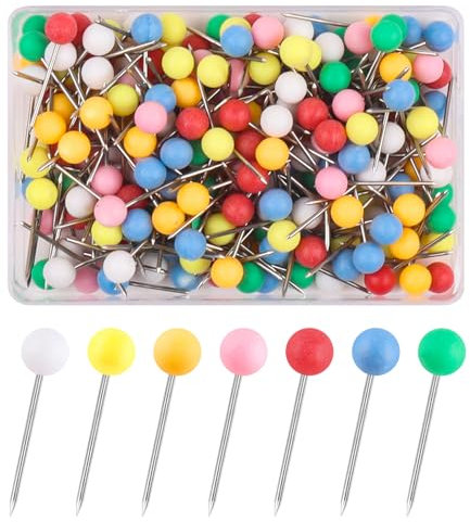 Caianwin 200 Stück Rundkopf Pinnadeln Buntkopf Weltkarte Stecknadeln Pins mit Kunststoffkopf und Stahlspitze für Karte, Cork Board, Markierung