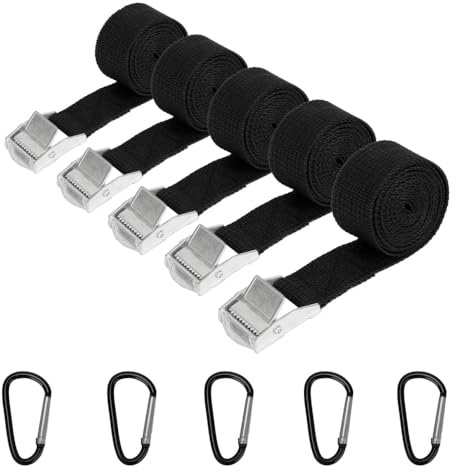 Voarge 5 stycken fästremmar, 25 mm × 1,5 m spännremmar kort svart med 5 stycken karbinhakar, spännremmar med spärrhakar, justerbara för bil cykel motorcykel bagage camping