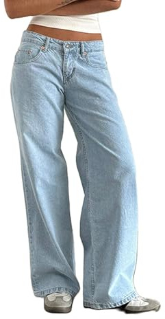 Fiacafyo Womens Y2K Low Rise Baggy Jeans Straight Wide Leg Boyfriend Trousers Casual Loose Fit Denim Pants Streetwear (D-Light Blue, M)