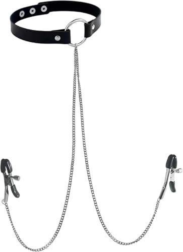 Neck Collar&Nipple Clamps Metal Clip Stainless Steel Non Piercing Nipple Rings with Choker Chain Restraint Body Piercing (Grey)