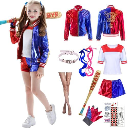 Raveparty Costume per cosplay, Halloween, carnevale da donna e bambina, con top, pantaloncini, colletto, parrucca, calze, tatuaggi, mazza da baseball, per cosplay (ragazza, 140)