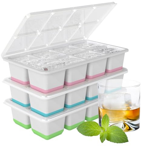 Stampi per cubetti di ghiaccio in silicone con coperchio – Grandi stampi quadrati per whisky per cocktail, Old Fashioned & Smoothies – Confezione da 3 vassoi per cubetti di ghiaccio senza BPA con