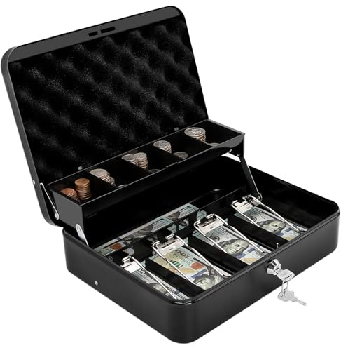 KENTOKO Cash Box with Key Lock & Foam Auto-Pop Coin Tray â Secure Steel Money Box with 4 Upgraded Finger-Safe Bill Clips, Premium Smooth Scratch-Resistant Coating, 11.8L x 9.5W x 3.5H, KL Black