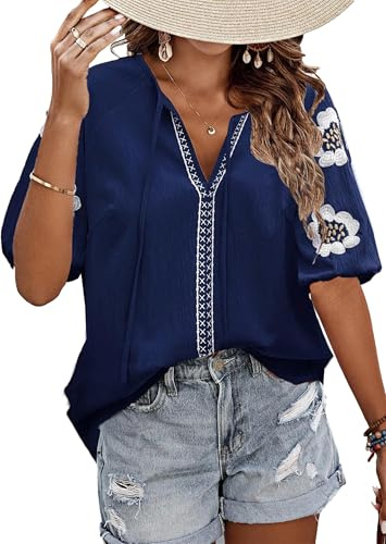 CXMSYY Womens Summer Blouses Floral Embroidered Puff Short Sleeve Shirts V Neck Boho Tunic Casual Blouse