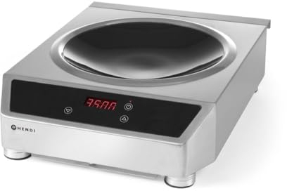 HENDI Induktionswok, für HENDI Wokpfanne 239773, Kochplatte, Kochfeld, mit einfach zu reinigendem Fettfilter, Digitale Regelung von Leistung, 230V, 3500W, 340x450x(H)120mm, Edelstahl
