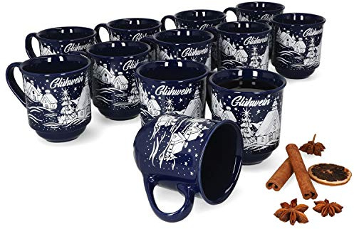 MamboCat Set di 12 bicchieri per vin brulé, 0,2 l, con tacca di taratura, classica tazza di mercatino di Natale con motivo invernale, tazze in ceramica blu scuro