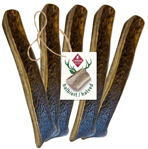 ChronoBalance® S - Hirschgeweih für Hunde – 5er Set Halbierte Kauspielzeuge, 100% Natürliches Kauknochen Hundespielzeug zur Zahnpflege, Nachhaltige Hunde Kauartikel ohne Chemie