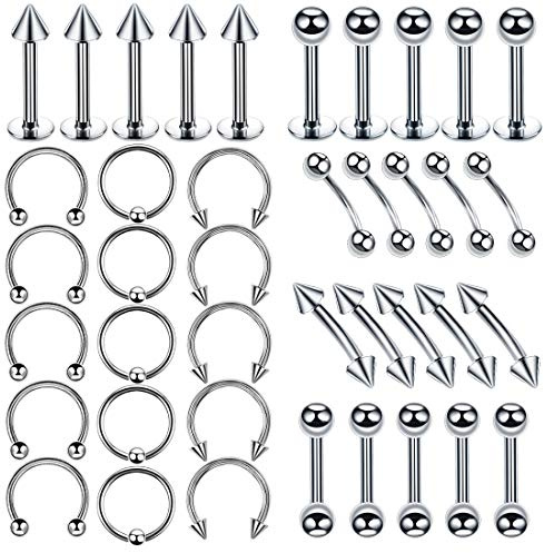 BODYA 40Pcs Piercing Kit Jewelry Stainless Steel Nose Lip Tongue Eyebrow Piercings Rings Septum Piercings Helix Tragus Piercings 16G (Silver-40pcs)