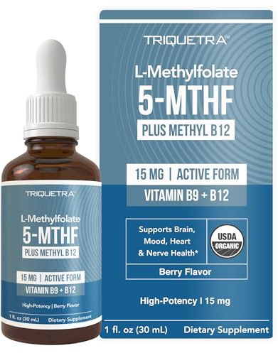 L Methyl Folate 15mg Plus Methyl B12 Cofactor – Organic Berry Flavor, High Potency Liquid Sublingual Active 5-MTHF Form - Supports Mood, Methylation, Cognition – Bioactive Forms Vitamin B9 & B12 (1oz)