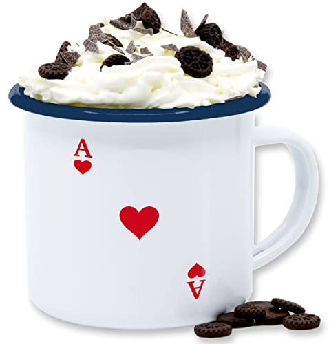 Emaille Tasse Blechtasse - Karneval & Fasching Tassen - Spielkarte Herz Ass - Kartenspiel Ace of Hearts Poker Playing Cards - 300 ml - Weiß Blau - karneva für kartenspieler fasnets heart karnelval