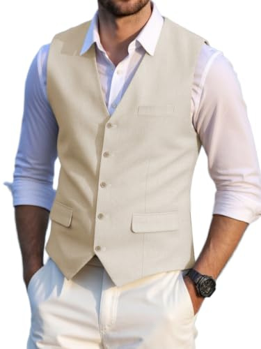 Chaleco de lino de verano para hombre, corte regular, traje clásico, vestido para bodas y fiestas (champán, L), champán, L