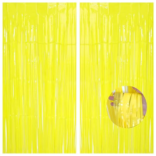 2pcs Yellow Tinsel Curtains, 3.2x6.5ft Macaron Curtain Party Foil Door Curtain Pastel Fringe Curtains Tassel Tinsel Backdrop for Birthday Hen Do Wedding Bridal Shower Party Décor