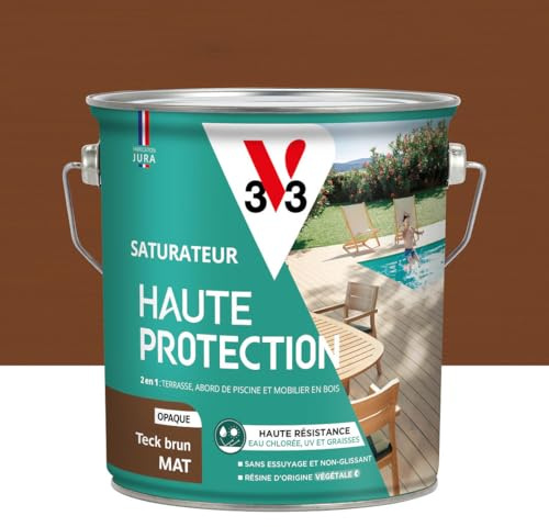 V33 Saturateur bois extérieur Teck brun mat - Pour terrasses et mobilier de jardin - Haute résistance eau chlorée, UV et graisse - Sans essuyage et non glissant - Résine d'origine végétale - 2,5L