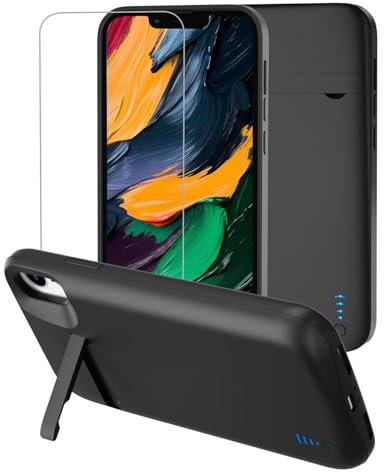 Gladgogo Akku Hülle für iPhone XR (8500 mAh, 6,1 Zoll), Ultra-schlanke Akkuhülle Wiederaufladbar Batterie mit Handyhalter und Schutzfolie, Tragbares Batterieladegerät Hülle für iPhone XR, Schwarz